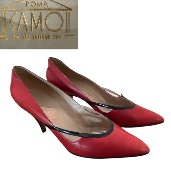 Vintage Red Leather Heels with Cutouts Pointed Toe Pumps Italy / 7.5 US - - Picture 4 of 6